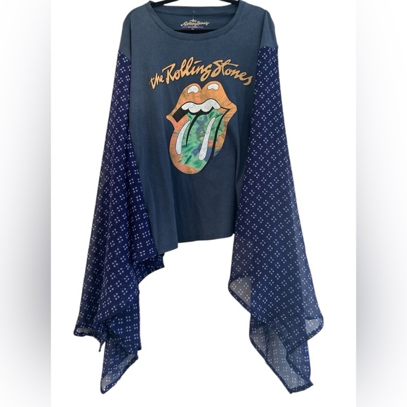 Tops - Upcycled Rolling Stones With Sheer Patterned Bell Kantha Sleeve Tee OS
